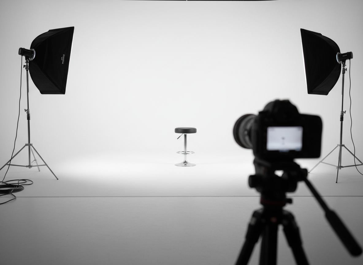 A dramatic, empty photography studio set featuring a seamless white backdrop curving smoothly into the floor, flanked by two tall black softbox lights on adjustable stands. In the center of the set stands a single modern stool with a chrome base and upholstered black leather seat, its surface catching a subtle glint from the key light. Cables are neatly coiled along the side, and a high-end DSLR camera on a sturdy tripod sits in the foreground slightly out of focus. Bright, diffused studio lighting creates a clean, shadow-softened environment, while the background remains pure and uncluttered. Captured from a slightly low angle with a shallow depth of field, the mood is anticipatory, professional, and cinematic, conveying the polished atmosphere of a top-tier modeling and casting shoot without showing any people.